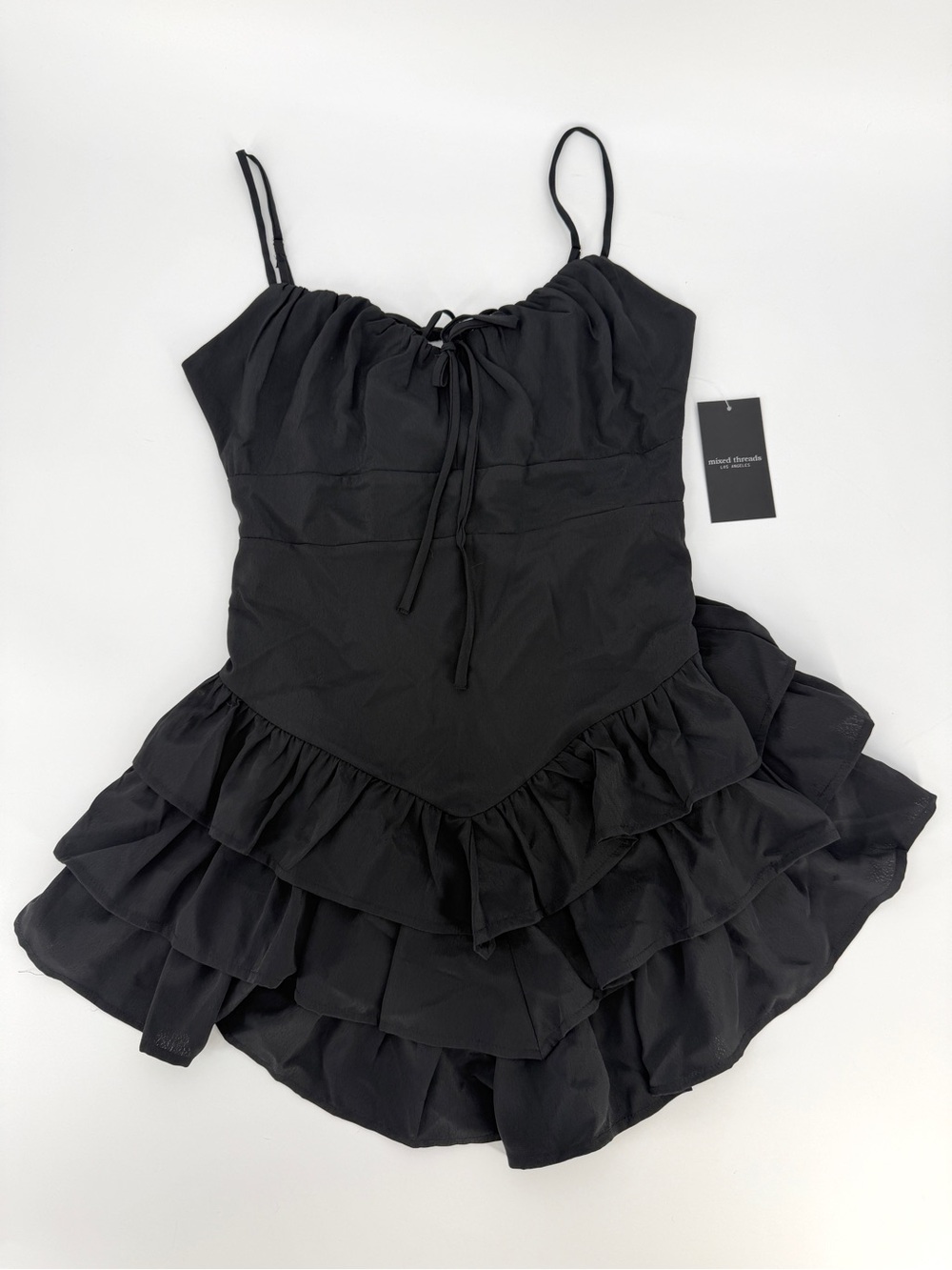 Black Coquette Fairy Grunge Tiered Ruffle Dress Goth Y2K Sweetheart Milkmaid M/L